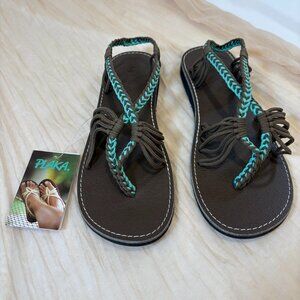 Plaka Womens Brown Teal Braided Sandals Size 8